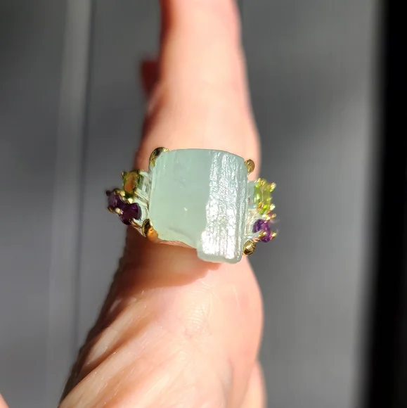 HUGE 30k Aquamarine RAW uncut w/Peridot & Amethyst Sterling &gold ring sz9 - Picture 7 of 9